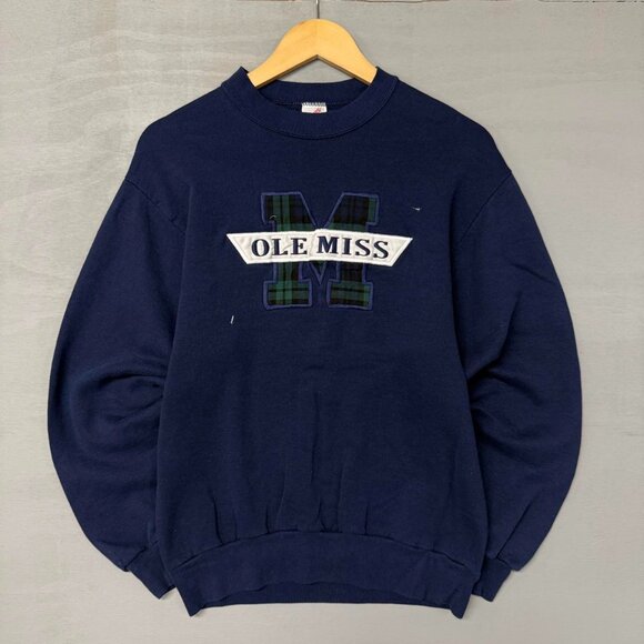 Ole Miss Rebels Cute Plaid Embroidered Vintage Navy Sweatshirt Sweater‎ Medium - Picture 1 of 7